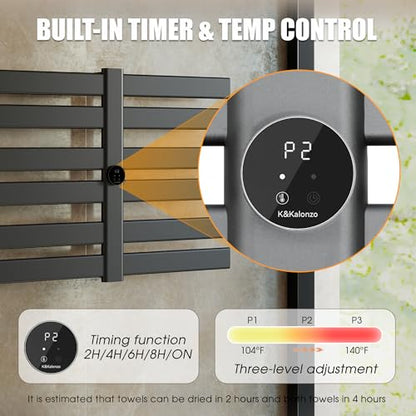 K&KALONZO Electric Towel Warmer Wall Mount Heated Rack Timer, 12-Bar,Black | Fast Heat in 2 Min, 3 Heat Levels, Anti-Scald, NTC Safety, Plug-in/Hardwired Aluminum Towel Warmer for Bathroom - color: Black, size: 12-Bar