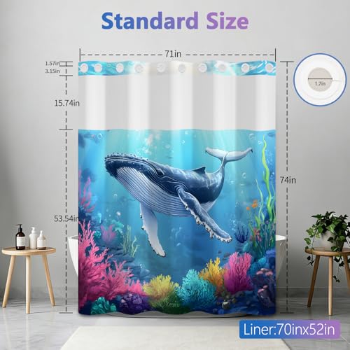 No Hook Shower Curtains for Bathroom, Whale Pattern Double-layer Shower Curtain with See Through Window, 71x74 Inches Ocean Shower Curtain No Hooks with Snap in Liner, Mesh Top Window and Weighted Hem - color: Whale