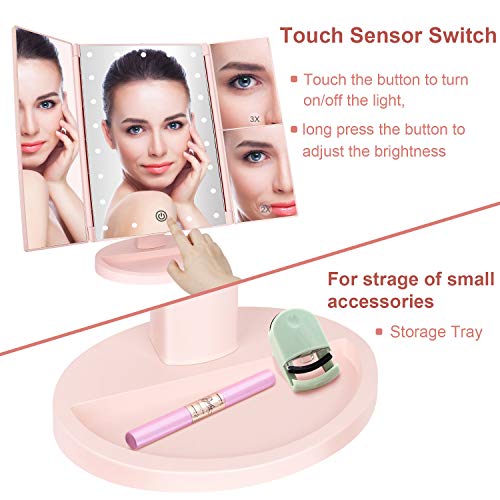 Tabletop Mount Tri-Fold Lighted Vanity Mirror with 21 LED Lights, Touch Screen and 3X/2X/1X Magnification, Two Power Supply Modes Make Up Mirror,Travel Mirror - color: Pink