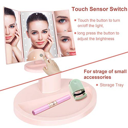 Tabletop Mount Tri-Fold Lighted Vanity Mirror with 21 LED Lights, Touch Screen and 3X/2X/1X Magnification, Two Power Supply Modes Make Up Mirror,Travel Mirror - color: Pink