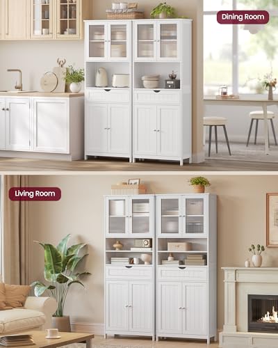 VASAGLE Storage Cabinet, Freestanding Storage Unit with Adjustable Shelves, Drawer, Open Compartments, for Bathroom, Living Room, Kitchen, Cloud White UBBC768WH01S - size: 11.8"D x 23.6"W x 69.9"H, style: 4 Doors + 2 Open Compartments