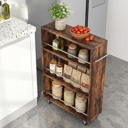 4-Tier Slim Rolling Cart with Wheels, 7.9"W Narrow Storage, Rustic Brown | 4 adjustable MDF shelves (20 lbs each), 360° casters + side handle, Fits kitchen, laundry, bathroom & dorm tight gaps - color: Brown