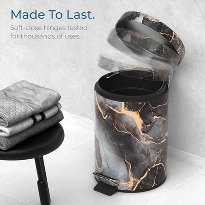 Sanilo Small Bathroom Trash Can with Lid [1.3 Gallon], Lidded Tiny Trashcan for Garbage, Mini Metal Bin with Soft Closing Mechanism, Bath Room Accessoire Wastebin with Inner Bucket (Marble Abstract) - color: Marble Abstract