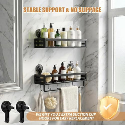 Suction Cup Shower Caddy with 5 Hooks & Towel Rrack 11.8inch Black | No Drilling Shower Organizer with Large Capacity, Rust-resistant Bathroom Organizer, With 2 Backup Suction Cups (2-Pack) - size: 11.8 inches(2-Pack US)