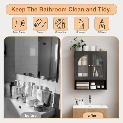 Black Bathroom Cabinet Wall Mounted with Tempered Glass Doors,Wooden Medicine Cabinet with Adjustable Shelf Open Shelf,Over The Toilet Space Saver Storage Cabinet - color: Black With Fluted Glass