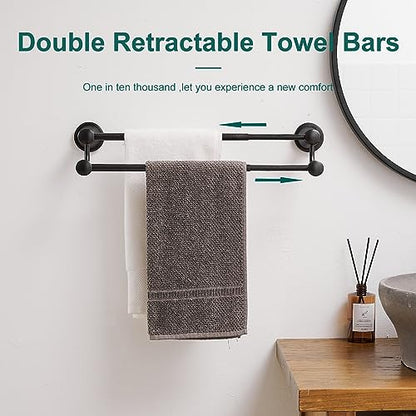 Hoimpro Adjustable Retractable 15-27 Inches Stainless Steel Bathroom Towel Bar, Bathroom Accessories Bath Hotel Double Towel Bar Rod Hanger Wall Mounted Towel Holder Towel Rack, Oil Rubbed Bronze | Oil Rubber Bronze, Adjustable 16-26", Wall Mounted, Stain