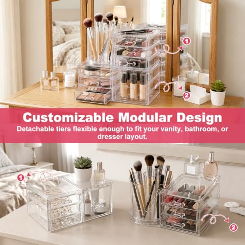 2-Tier Acrylic Makeup Organizer, 360° Rotating Brush Holder & 7 Drawers | Stackable Design; 7 Detachable Drawers; Crystal Clear Display; Space-Saving Countertop Caddy for Vanity, Bedroom & Bathroom - size: 2 Tier-7 Drawers