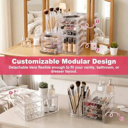 2-Tier Acrylic Makeup Organizer, 360° Rotating Brush Holder & 7 Drawers | Stackable Design; 7 Detachable Drawers; Crystal Clear Display; Space-Saving Countertop Caddy for Vanity, Bedroom & Bathroom - size: 2 Tier-7 Drawers