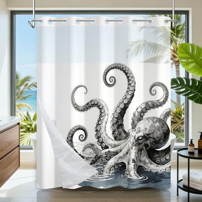 Giant Octopus Shower Curtains for Bathroom, No Hook Shower Curtain with Mesh Top Window and Detachable Liner, 71x74 Inch Waterproof Fabric Ocean Shower Curtain with Built-in Rings and Weighted Bottom - color: Giant Octopus
