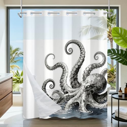 Giant Octopus Shower Curtains for Bathroom, No Hook Shower Curtain with Mesh Top Window and Detachable Liner, 71x74 Inch Waterproof Fabric Ocean Shower Curtain with Built-in Rings and Weighted Bottom - color: Giant Octopus