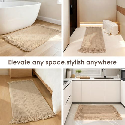 Waffle Bath Mat Set of 2, Absorbent Waffle Bathroom Rug with Tassels, Non Slip Bath Mats for Bathroom Floor, Ultra Soft Boho Bath Mat, Quick Dry Shower Mat, Machine Washable, 17"×24" & 20"×47", Khaki - size: 17" x 24"+20" x 47"