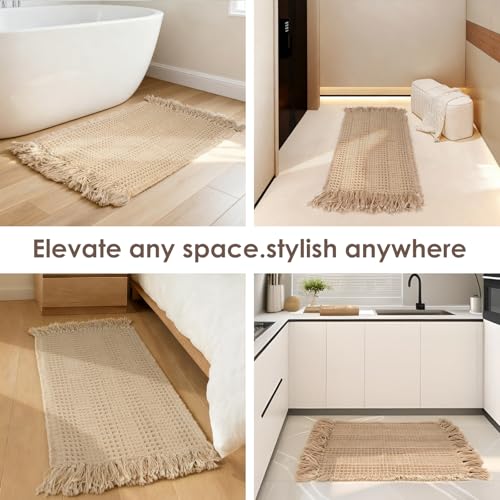 Waffle Bath Mat, Super Absorbent Waffle Bathroom Rug with Tassels, Non Slip Bath Mats for Bathroom Floor, Ultra Soft Boho Bath Mat, Quick Dry Shower Mat, Machine Washable, 18"×30", Khaki - size: 18"×30"