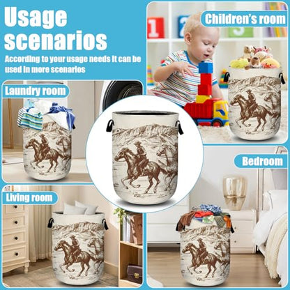 American Wild West Desert Cowboys Laundry Basket, Laundry Hamper Collapsible Oxford Cloth with Handle Clothes Storage Bin for Bathroom Laundry Room Bedroom 15.7 X 20 Inch - color: American Wild West Desert Cowboys