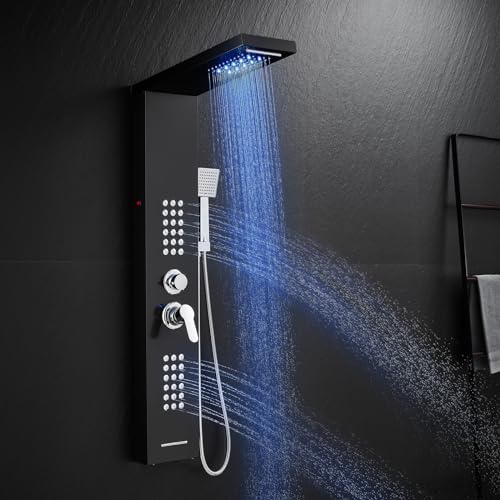 ROVATE 5 in 1 LED Rainfall Waterfall Shower Panel Tower System, Black | High Pressure Stainless Steel Shower Column with Tub Spout, Powerful Body Jets, Flexible Handheld, Brass Mixing Valve Body - style: 5 Modes-Black-2 Jets