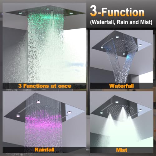 Enga Luxury Dual Shower Head System LED Thermostatic Shower System with 6 inch Wall Shower, 20-Inch 3 Function Shower Head (Rainfall & Mist & Waterfall), Chrome - color: Chrome, style: 20" Head (Rain + Mist+Waterfall) - 6" Head