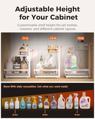 3-Pack 2-Tier Height Adjustable Under Sink Organizer, White | Multi-purpose metal storage shelf with sliding shelves for kitchen, bathroom, pantry & laundry cabinet - color: White