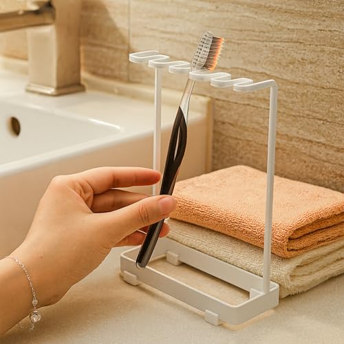 Stainless Countertop Toothbrush Holders Stand, Rustproof Bathroom Organizer with 5 Ventilated Slots to Hold Manual Toothbrushes and Razor, Metal Storage Collection for Family, Suitable for Home Vanity