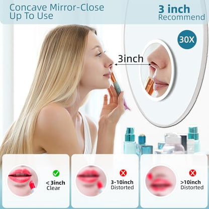 30X Concave Magnifying Mirror with Lights, 3-Color Light Adjustable Brightness, 6inch Travel Magnified Mirror with Suction Cups, Large 30x High Makeup Magnification and Tweezers - color: Pink-30x