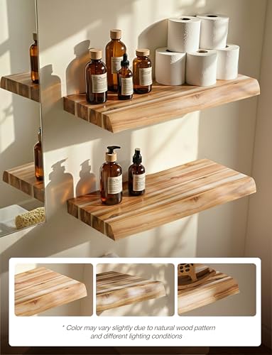 BATODA Acacia Live Edge Floating Shelves, Wall Mounted, 17", Set of 2 Pcs | Assembly Required, Hardware Included, Floating Style, Hidden Bracket, Fit Small Spaces, 100LBS Capacity Each, Rustic Style - color: Natural, size: 17 Inch Length