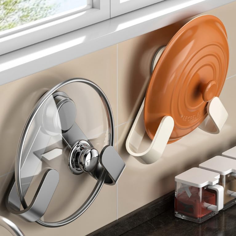 2PCS Suction Cup Pot Lid Holder, No Drill Wall Mount Pot Lid Organizer Rack with Adjustable Hooks, Heavy Duty Adhesive Pot Lid Hanger for Kitchen, Bathroom, Cabinet, Tile, Glass, Waterproof & Reusable