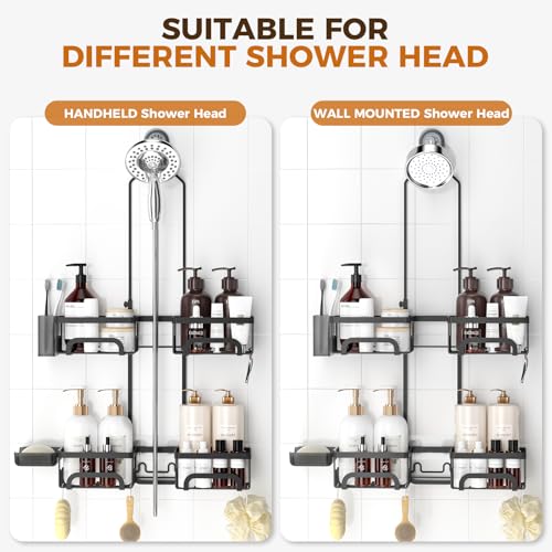REINHARDT Split Shower Caddy Hanging for Handheld Showerheads, Black | Adjustable Shower Organizer, Rustproof, 16 Hooks, Soap Holder, 40lbs Capacity, Anti-Slip, Tool-Free, Bathroom Accessories - color: Black