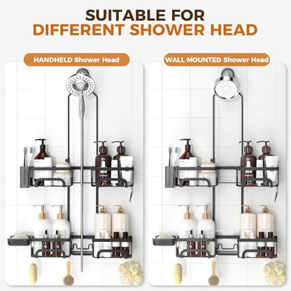REINHARDT Split Shower Caddy Hanging for Handheld Showerheads, Black | Adjustable Shower Organizer, Rustproof, 16 Hooks, Soap Holder, 40lbs Capacity, Anti-Slip, Tool-Free, Bathroom Accessories - color: Black