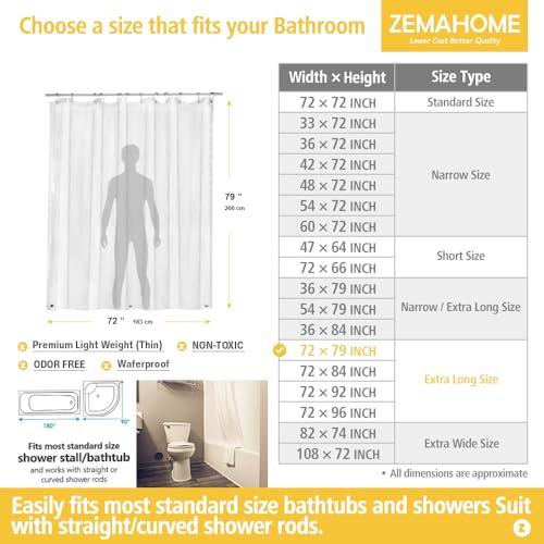 ZEMAHOME Extra Long Clear Plastic Shower Curtain Liner - Lightweight 72" x 80" Transparent Bathroom Shower Showroom Curtain Liner with Rustproof Metal Gromments and Weighted Magnet - color: A01-clear, size: 72"W x 80"L (Pack of 1)