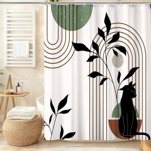 Mid Century Modern Shower Curtain, Minimalist Boho Chic Cat with Leaves Shower Curtains for Bathroom, Sage Green Black Waterproof Polyester Fabric Shower Curtain Set with Hooks, 72 x 72 inches - color: Brown Black