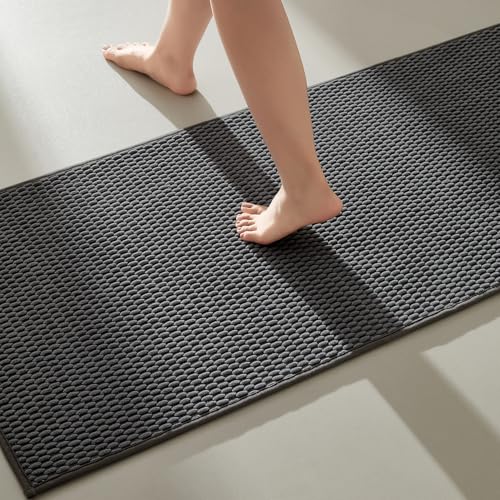 TYUU Bathroom Runner Rugs, Long Bath Mat Runner Washable Thin Quick Dry Low Pile Bathroom Runner Rugs Non Slip, Dark Grey 16"x60" - color: Dark Grey, size: 1'4" X 5' (Runner)