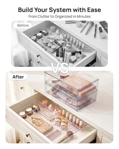 Vtopmart 12-Pack Clear Makeup Organizer Set with Drawer Organizer Bins | 2 Pack Stackable Storage Drawers & 10 Pack Drawer Organizer for Vanity Cosmetic, Bathroom Countertop, Desk - style: 2pack Wide Drawers with bins