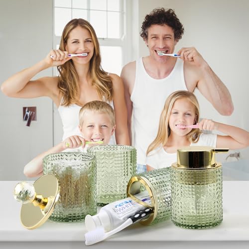 DASITON Bathroom Accessories Set,4Pcs Glass Bathroom Counter Set with Foaming Soap Dispenser,Toothbrush Holder,Bathroom Tumbler,Cotton Swab Jars, for Vanity Bathroom Decor (Green) D1102 - style: Green