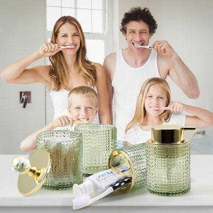 DASITON Bathroom Accessories Set,4Pcs Glass Bathroom Counter Set with Foaming Soap Dispenser,Toothbrush Holder,Bathroom Tumbler,Cotton Swab Jars, for Vanity Bathroom Decor (Green) D1102 - style: Green