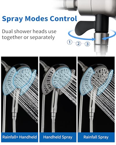 2 in 1 Shower Head with Handheld Combo High Pressure Nickel 2.5 GPM | 7.2" Rain Showerhead and 9 Spray Hand Held Shower, Adjustable Shower Angle, 59-inch Rotatable Stainless Steel Hose - color: Nickel, size: 2.5 GPM