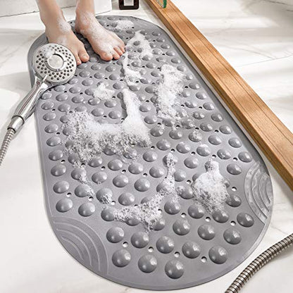 DEXI Bathtub Mat Non Slip 16x35, Shower Floor Mats for Bathroom Bath Tub | Grey, Washable Oval Bathmat, Suction Cups and Drain Holes to Keep Tubs Clean - color: All Grey