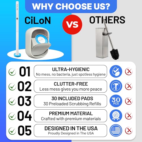 CiLoN 30 Pack Disposable Toilet Bowl Brush & Holder Set with Auto-Open Lid | Wall-Mounted Disposable Toilet Cleaning Set For Touch-Free Space-Saving Hygienic Modern Bathrooms (Starter Kit + 30 Sponge) - size: Starter Kit + 30pcs Refill Heads