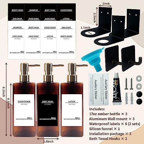 Shampoo and Conditioner Dispenser, No Drill, 16 Waterproof Labels | Shampoo Dispenser for Shower Wall, Shower Soap Dispenser Wall Mounted 3 Chamber, Bathroom, 17oz, Gold Amber - color: Amber Bottle + Gold Pump