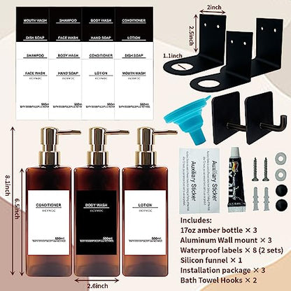 Shampoo and Conditioner Dispenser, No Drill, 16 Waterproof Labels | Shampoo Dispenser for Shower Wall, Shower Soap Dispenser Wall Mounted 3 Chamber, Bathroom, 17oz, Gold Amber - color: Amber Bottle + Gold Pump