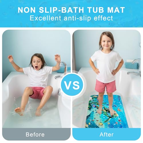 Baby Bath Mat for Tub Non Slip Kids, BPA Free Extra Long Bathtub Mat 40x16 with Drain Holes and 200 Suction Cups, Non Toxic Machine Washable Toddler Bath Mat, No Fading, Sea - color: X-turtle 1