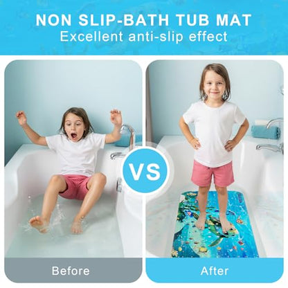Baby Bath Mat for Tub Non Slip Kids, BPA Free Extra Long Bathtub Mat 40x16 with Drain Holes and 200 Suction Cups, Non Toxic Machine Washable Toddler Bath Mat, No Fading, Sea - color: X-turtle 1