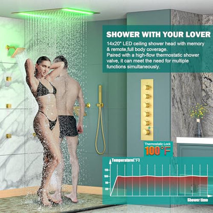 HOMEDEC Bathroom Shower Faucet Set with 14x20inch LED and Dual 6inch Shower Heads, 5 Way Thermostatic Diverter Valve Shower Valve Kit, Brushed Gold - color: Brushed Gold, style: 5-Way + 2x 6" Top