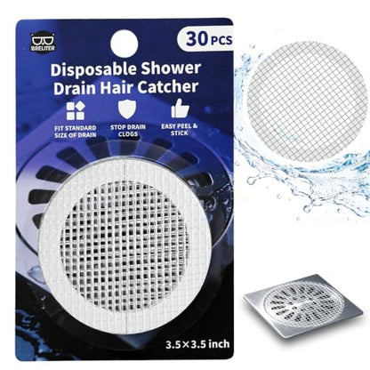 Disposable Shower Drain Hair Catcher, 30pcs Strong Adhesive Drain Cover Strainer for Shower, Bathtub and Vanity Sink, Waterproof Mesh Filter Stickers to Prevent Clogs, Tear-Resistant