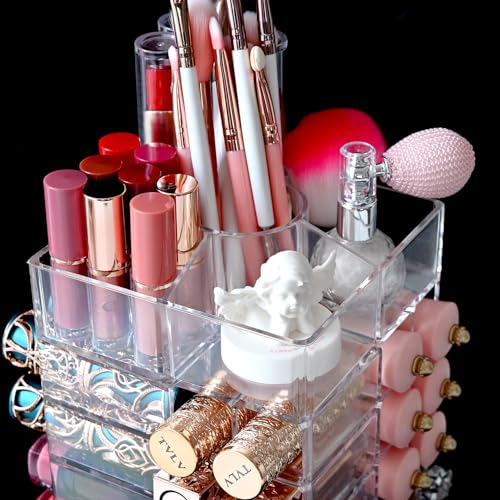 Ikee Design Acrylic Rotating Lipstick Gloss Make Up Organizer with 53 Slots | Rotating Acrylic Lip Gloss for Makeup, Lipsticks, Brushes, Cosmetic Storage Display, Bathroom, Vanity, Countertop - color: 3) Clear, 53 Slots