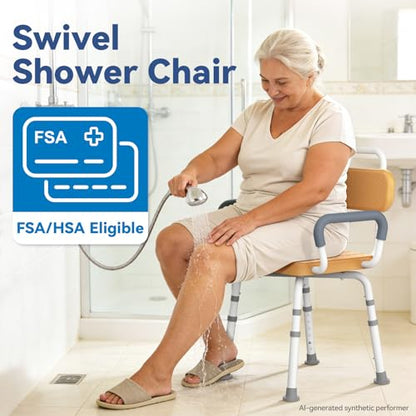 Loyoda Swivel Shower Chair with Removable Arms & Back, Fits Small Bathrooms | Adjustable-Height Rotating Shower Bench – Safety Stool Design, Ideal for Seniors and the Disabled, in Brown