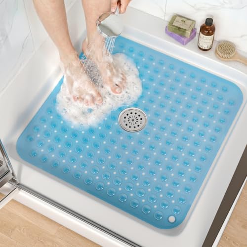 HITSLAM Square Shower Mat, Non Slip PVC Stall Mat, 24"x24", Blue | Power Grip Suction Cups, Center Drain Hole, Built-In Hanging Holes, Machine Washable Bathroom Floor Mat, Soft On Feet - color: Clear Blue