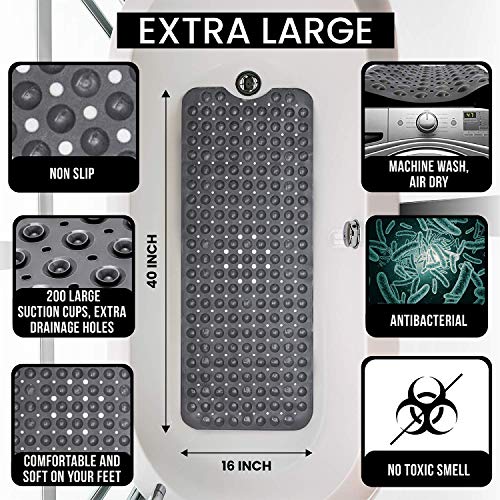 ENKOSI Non-Slip Bath & Shower Mat 40x16 Extra Long, Suction & Drain Holes | White color; Durable PVC; 40x16 in, White - color: Pearl White