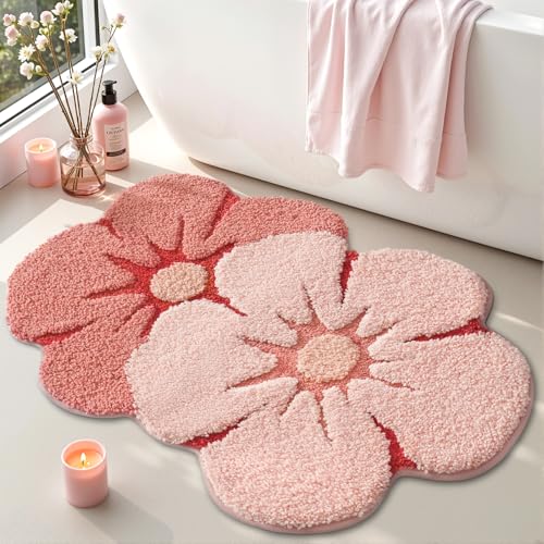 LUMI Flower Bathroom Rug, Absorbent Non Slip Bath Mat, 20"x32", Pink Flower | Funny Soft Plush Microfiber Rug, Quick Dry, Washable Cute Pink Bath Mats for Shower Floor, Sink Bathtub, Bedroom, Kids Room - color: Floral-bliss Pink