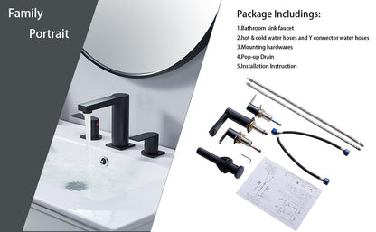 Bathroom Faucet Black 3 Hole, Matte Black Widespread Bathroom Faucet, 2-Handle 8-Inch Center Mount Bathroom Sink Faucet with Hose and Pop-Up Drain for RV Bath Vanity Lavatory, VAL079BRH - color: Matt Black
