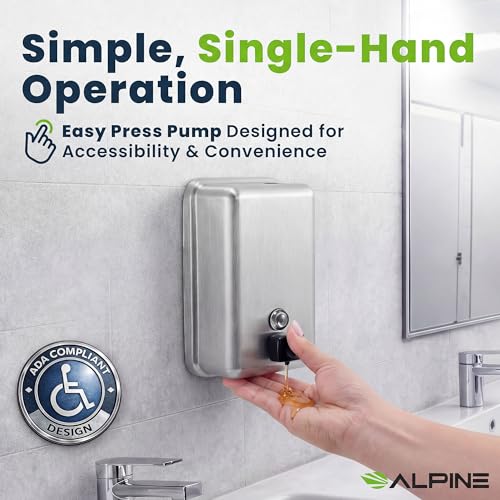 Alpine Stainless Steel Soap Dispenser Wall Mount - Commercial Liquid Wall Soap Dispenser for Bathroom, Kitchen, Refillable 1200 ml Large ADA Compliant (Vertical)