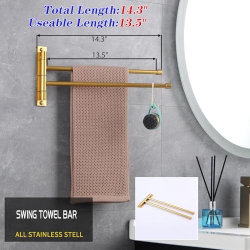 GERZWY Bathroom Swing Arm Towel Bars 2-Arm Wall Mount Stainless Steel Bath Towel Rack Hanger Towel Holder Organizer Gold Finished HYG02-BE - color: Gold