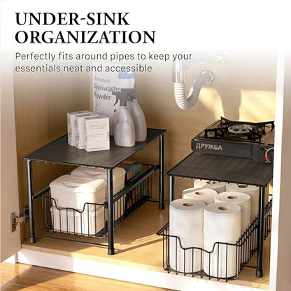 Simple Houseware Wired Stackable Under Sink Cabinet Sliding Basket, Black | Free Standing Organizer Drawer, Kitchen/Pantry/Cabinet/Counter - color: Black